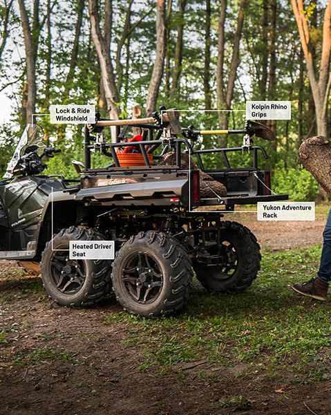 Lock & Ride Windshield, Kolpin Rhino Grips, Yukon Adventure Rack, and Heated Driver Seat accessories installed on a 2025 Polaris Sportsman 6x6 570 ATV.