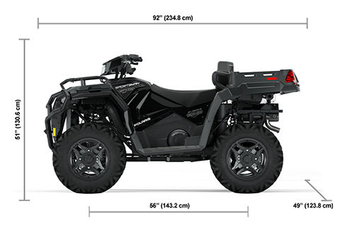 Side view of the Onyx Black 2025 Polaris Sportsman X2 570 with height, width and length dimensions.