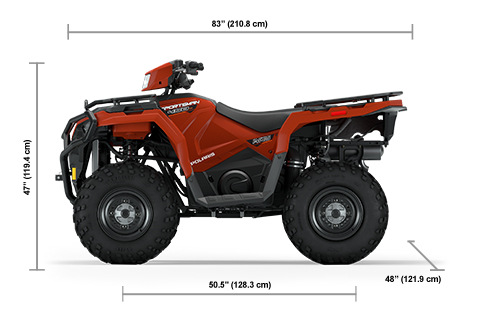 Side view of the Orange Rust 2025 Polaris Sportsman 450 H.O. Utility with height, width and length dimensions.