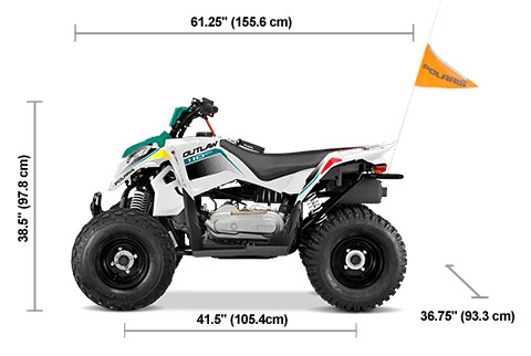 Side view of the Bright White / Radiant Green 2025 Polaris Outlaw 110 EFI with height, width and length dimensions.