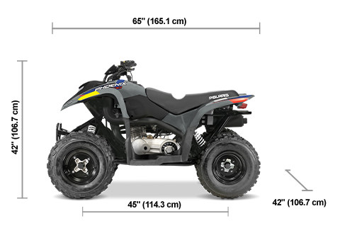 Vista lateral del Polaris Phoenix 200 de 2025 en Storm Gray con dimensiones de altura, ancho y longitud.