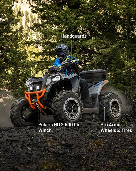 Cube lights, Handguards, Pro Armor Wheels & Tires, and Polaris HD 2,500 lb. Winch on a 2025 Polaris Scrambler 850 sport ATV.