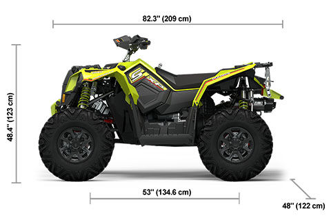 Vue latérale du Polaris Scrambler XP 1000 S 2025 Lifted Lime avec les dimensions de hauteur, de largeur et de longueur.