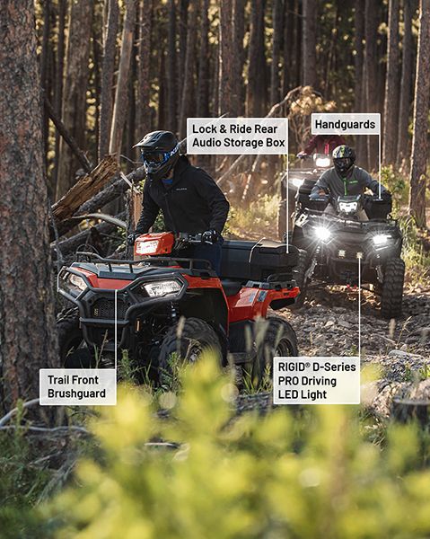 Trail Front Brushguard, Lock & Ride rear audio storage box, handguards, and RIGID D-Series PRO driving LED light accessories from the Trail Riding package installed on 2025 Polaris Sportsman 570 ATVs. 