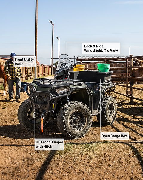 HD Front Bumper with Hitch, Front Utility Rack, Lock & Ride Mid-View Windshield, and Open Cargo Box accessories from the Landowner package installed on a 2025 Polaris Sportsman 570 ATV.