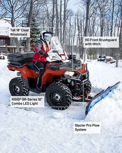 Tall 18-inch clear windshield, HD Front Brushguard with Hitch, Glacier Pro Plow System, and RIGID SR-Series 10-inch Combo LED Light accessories from the Winter package installed on a 2025 Polaris Sportsman 570 ATV.