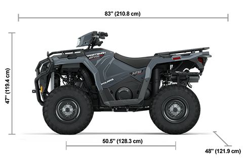 Side view of the Stealth Gray 2025 Polaris Sportsman 570 Utility HD with height, width and length dimensions.