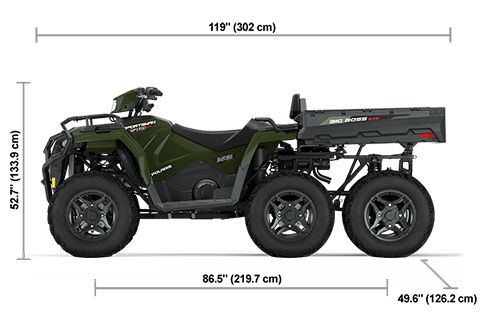 Side view of the Sage Green 2025 Polaris Sportsman 6x6 570 with height, width and length dimensions.