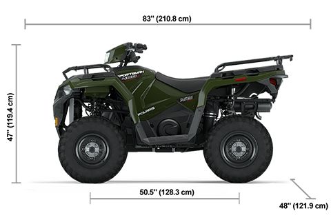 Side view of the Sage Green 2025 Polaris Sportsman 450 H.O. EPS with height, width and length dimensions.