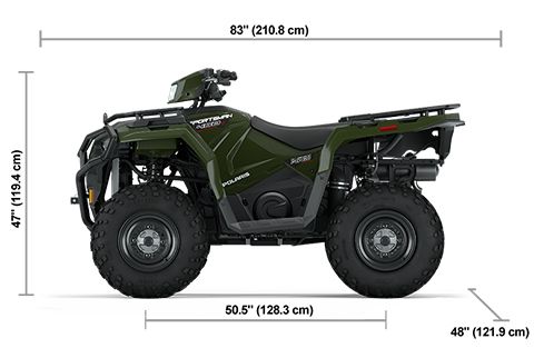 Side view of the Sage Green 2025 Polaris Sportsman 450 H.O. Utility with height, width and length dimensions.