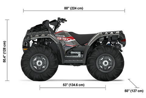 Side view of the Titanium Metallic 2025 Polaris Sportsman 850 Mud Edition with height, width and length dimensions.