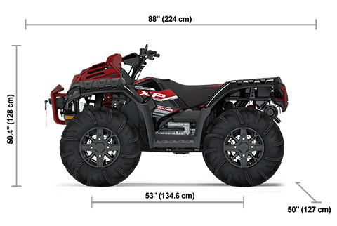 Side view of the Onyx Black and Performance Red Accents 2025 Polaris Sportsman XP 1000 Mud Edition with height, width and length dimensions.