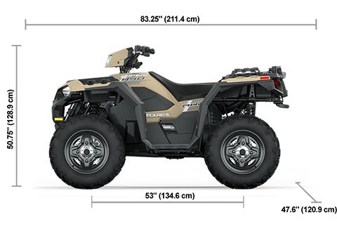 Side view of the Military Tan 2025 Polaris Sportsman 850 with height, width and length dimensions.