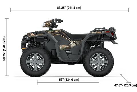 Side view of the Polaris Pursuit Camo 2025 Polaris Sportsman 850 Premium with height, width and length dimensions.