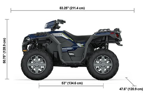 Side view of the Springfield Blue 2025 Polaris Sportsman 850 Premium with height, width and length dimensions.