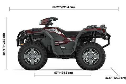 Side view of the Crimson Metallic 2025 Polaris Sportsman 850 Trail with height, width and length dimensions.