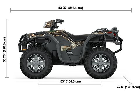 Side view of the Polaris Pursuit Camo 2025 Polaris Sportsman 850 Trail with height, width and length dimensions.