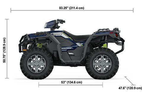 Side view of the Springfield Blue 2025 Polaris Sportsman 850 Trail with height, width and length dimensions.