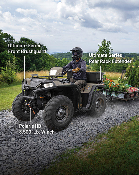 Ultimate Series Rear Rack Extender, Ultimate Series Body Armor, Ultimate Series Front Brushguard, and Polaris Pro HD 2500 lb Winch accessories from the Landowner Package installed on a 2025 Polaris Sportsman 850 ATV.