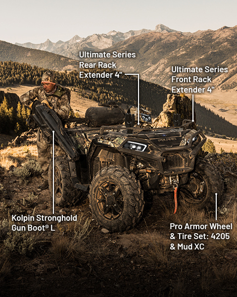 Kolpin Stronghold Gun Boot L, Ultimate Series Rear Rack Extender 4-inch, Ultimate Series Front Rack Extender 4-inch, and 4205 & Mud XC Pro Armor Wheel & Tire set accessories from the Hunt Package installed on a 2025 Polaris Sportsman Hunt Edition ATV.