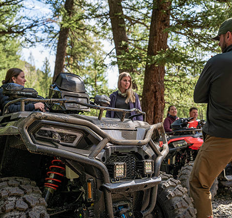 Close-up of the new front bumper on a 2025 Polaris Sportsman Touring 570 2-up ATV.