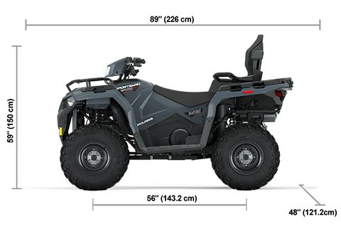 Side view of the Stealth Gray 2025 Polaris Sportsman Touring 570 EPS with height, width and length dimensions.