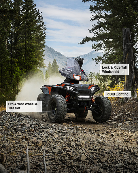 RIGID Lighting, Lock & Ride Tall Windshield, and Pro Armor Wheels & Tire accessories from the Trail Riding Package installed on a 2025 Polaris Sportsman XP 1000 S ATV.