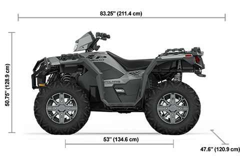 Side view of the Turbo Silver 2025 Polaris Sportsman XP 1000 Ultimate with height, width and length dimensions.