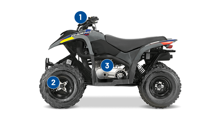 Power that grows, Kid-Friendly 4-Stroke Power, and Easy Stopping with the 2026 Polaris Phoenix 200 youth ATV.