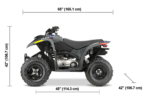 Side view of the Storm Gray 2026 Polaris Phoenix 200 with height, width and length dimensions.