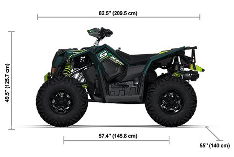 Vue latérale du Polaris Scrambler XP 1000 S 2026 Matte Cascades Green avec les dimensions de hauteur, de largeur et de longueur.