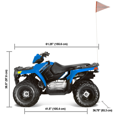 Side view of the Velocity Blue 2026 Polaris Sportsman 110 with height, width and length dimensions.