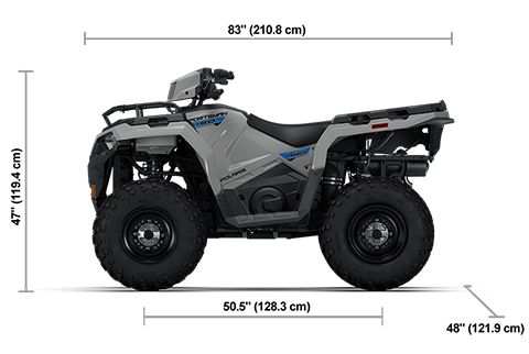 Side view of the Ghost Gray 2026 Polaris Sportsman 450 with height, width and length dimensions.
