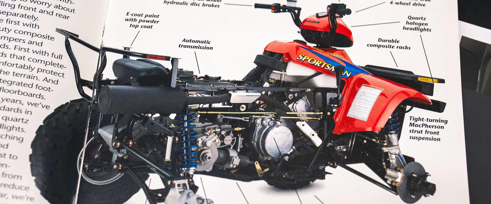 Retro article showcasing the components of a Polaris Sportsman 500.