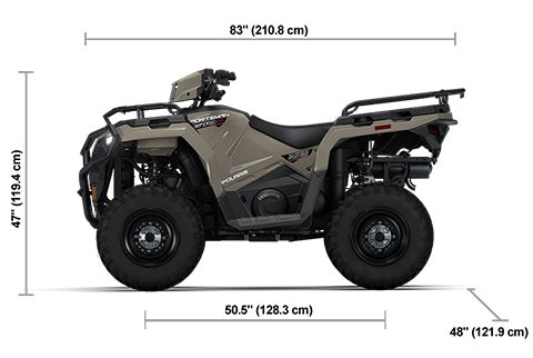 Side view of the Desert Sand 2026 Polaris Sportsman 570 EPS with height, width and length dimensions.
