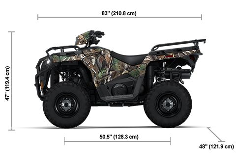 Side view of the Polaris Pursuit Camo 2026 Polaris Sportsman 570 EPS with height, width and length dimensions.
