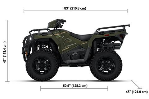 Side view of the Treeline Green Metallic 2026 Polaris Sportsman 570 Premium 40th Anniversary Edition with height, width and length dimensions.