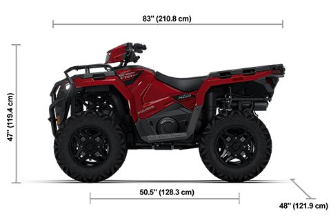 Side view of the Sunset Red 2026 Polaris Sportsman 570 Trail with height, width and length dimensions.