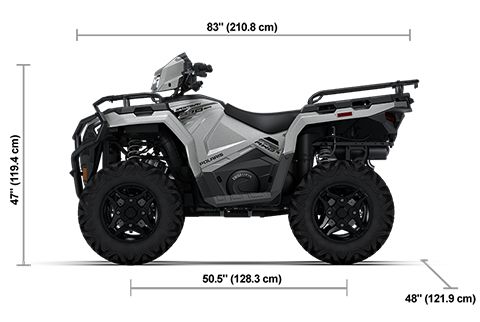 Side view of the Turbo Silver 2026 Polaris Sportsman 570 Ultimate with height, width and length dimensions.