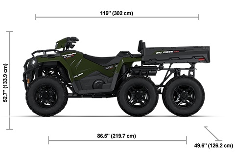 Vista lateral del Polaris Sportsman 6x6 570 de 2026 en Sage Green con dimensiones de altura, ancho y longitud.