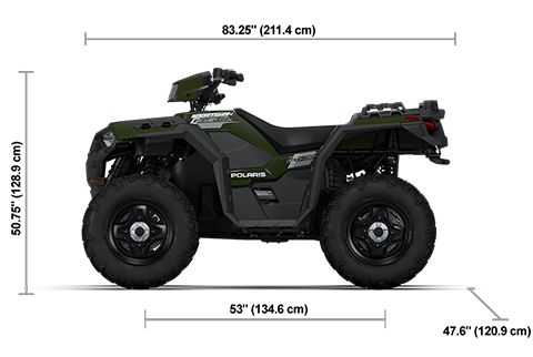 Side view of the Sage Green 2026 Polaris Sportsman 850 with height, width and length dimensions.