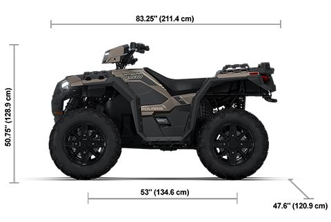 Side view of the Nara Bronze 2026 Polaris Sportsman 850 Premium with height, width and length dimensions.