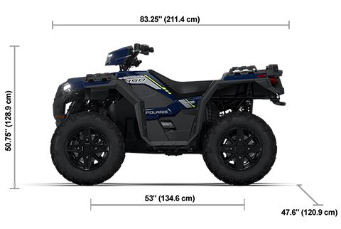 Side view of the Springfield Blue 2026 Polaris Sportsman 850 Premium with height, width and length dimensions.