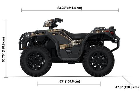 Side view of the Polaris Pursuit Camo 2026 Polaris Sportsman 850 Trail with height, width and length dimensions.