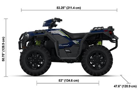 Side view of the Springfield Blue 2026 Polaris Sportsman 850 Trail with height, width and length dimensions.