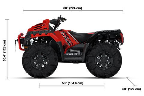 Side view of the Indy Red Pearl 2026 Polaris Sportsman XP 1000 Mud Edition with height, width and length dimensions.