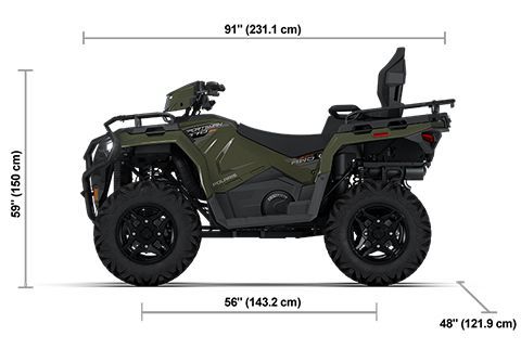 Side view of the Treeline Green Metallic 2026 Polaris Sportsman Touring 570 Premium with height, width and length dimensions.