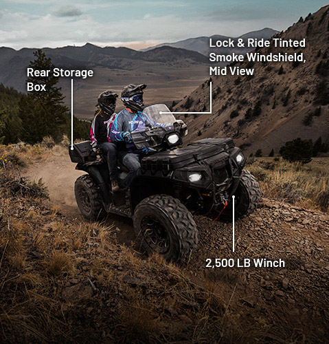 Rear Storage Box, Lock & Ride Mid View Tinted Smoke Windshield, Pro Armor Harvester Wheel & Tire Set and Polaris HD 2,500 lb. winch accessories from the Worker Collection installed on a 2026 Polaris Sportsman Touring 850 Premium ATV.