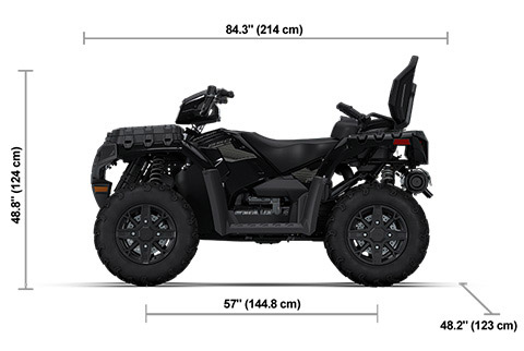Side view of the Onyx Black 2026 Polaris Sportsman Touring 850 Premium with height, width and length dimensions.