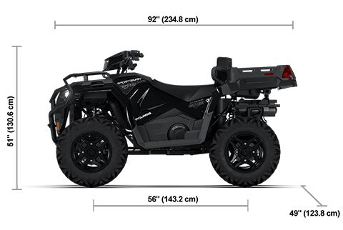 Side view of the Onyx Black 2026 Polaris Sportsman X2 570 with height, width and length dimensions.